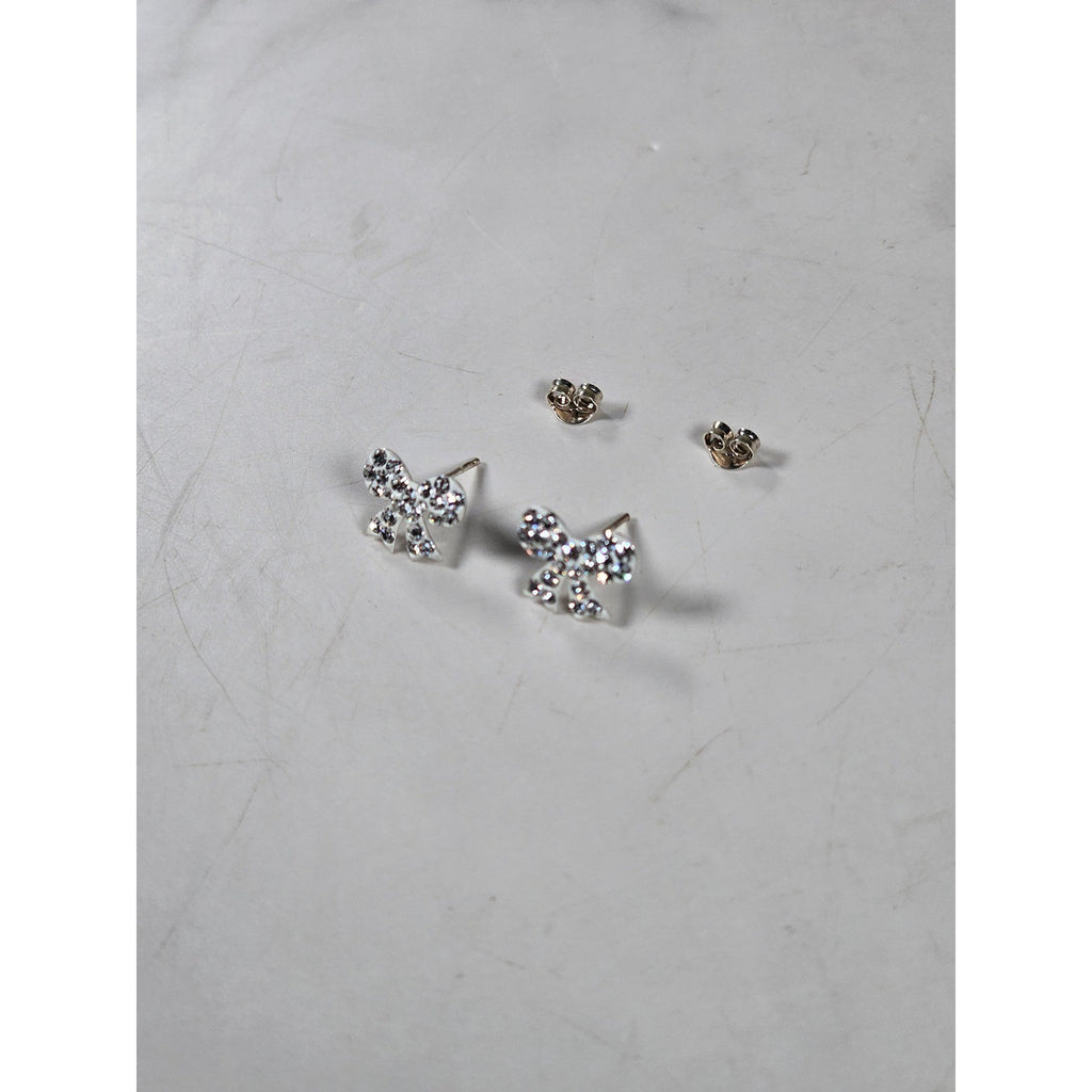Vintage Rhinestone Bow Stud Earrings Silver Tone