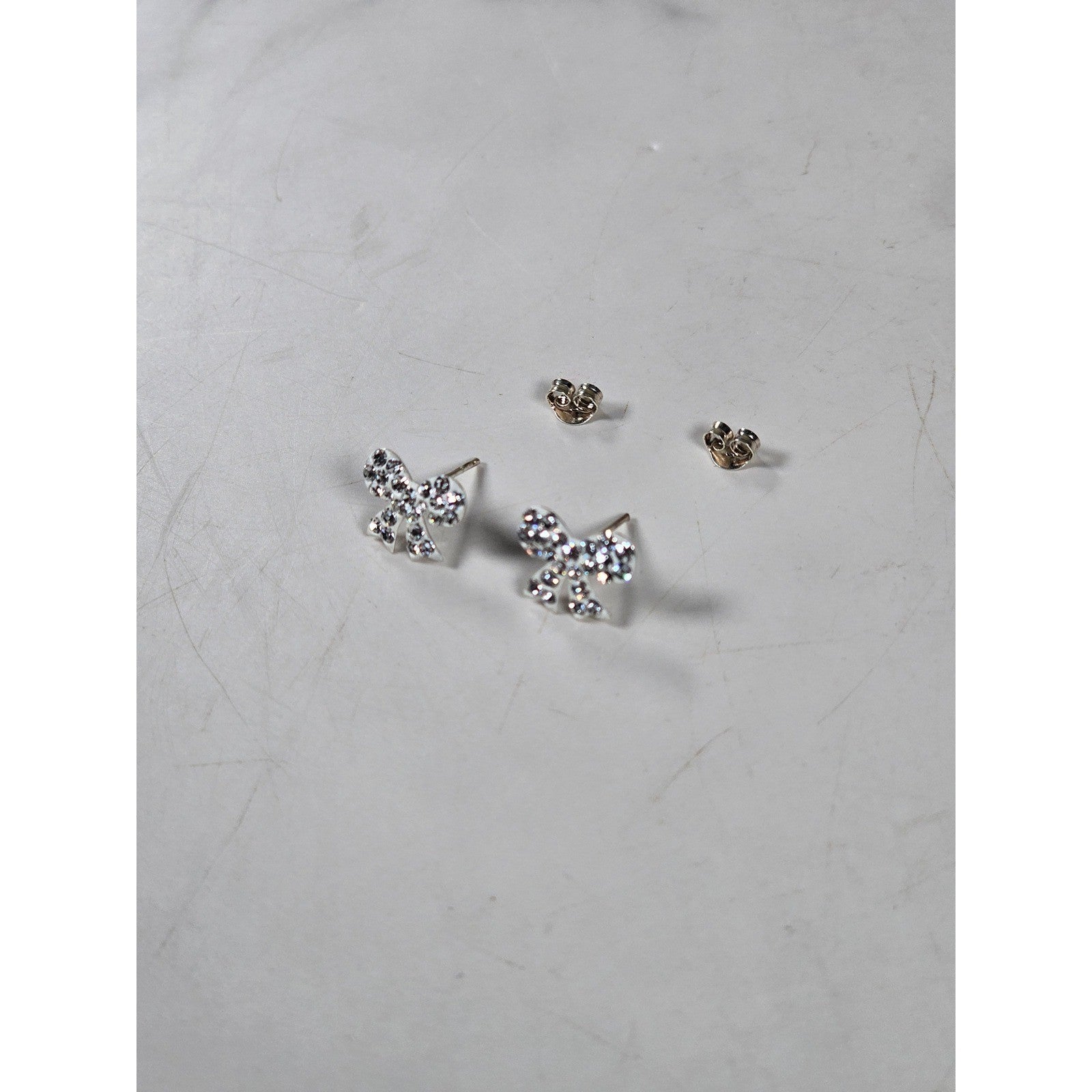 Vintage Rhinestone Bow Stud Earrings Silver Tone