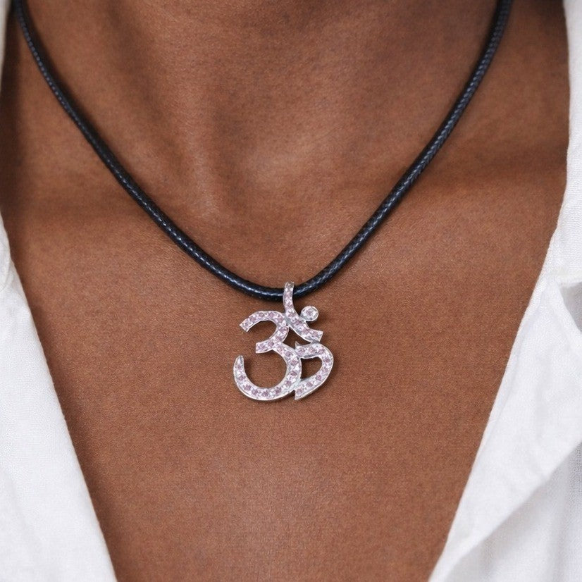 Vintage Sterling Silver Om Necklace Pink Crystal Pendant