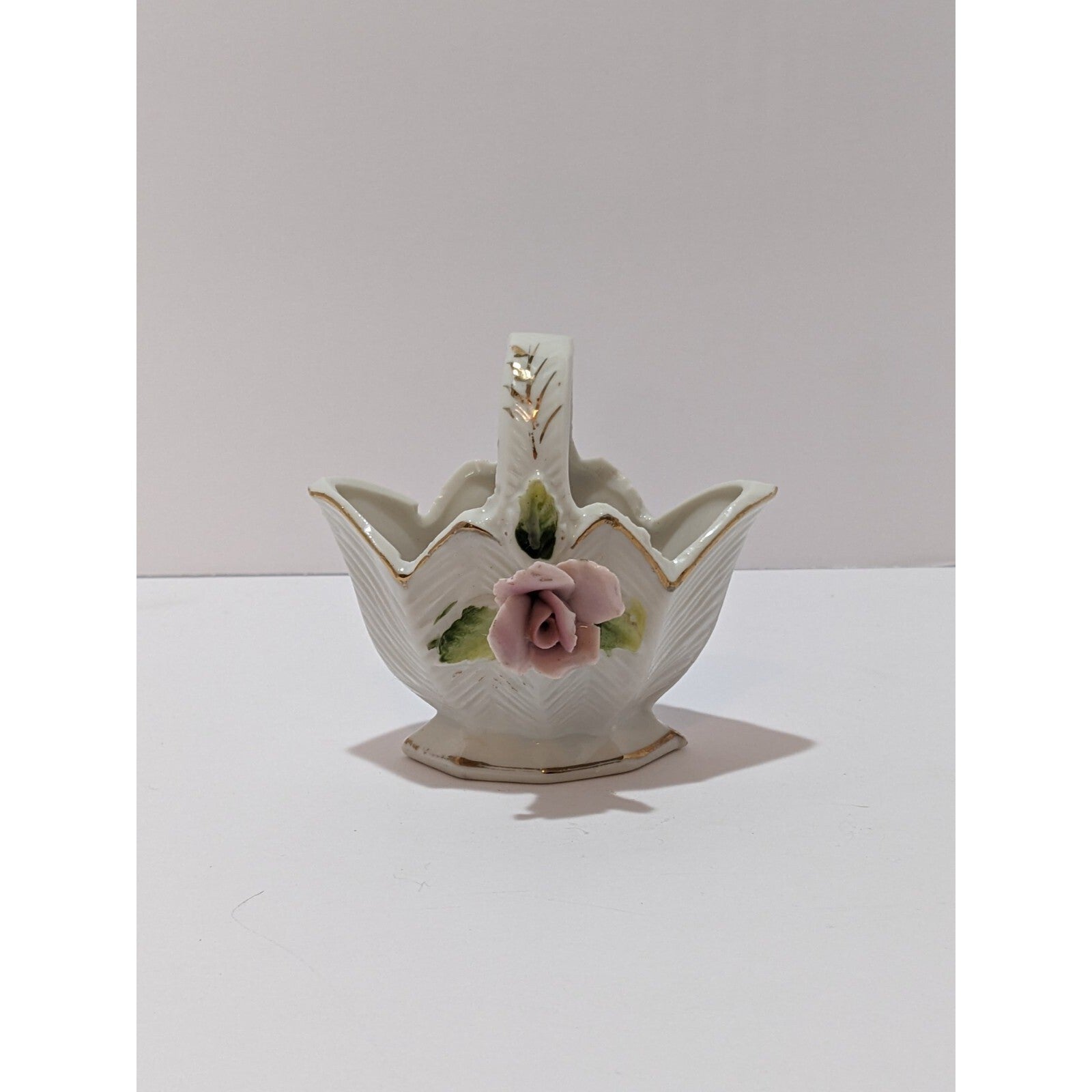 Vintage Porcelain Basket with Pink Rose Accent Gold Trim 3 Inch Collectible