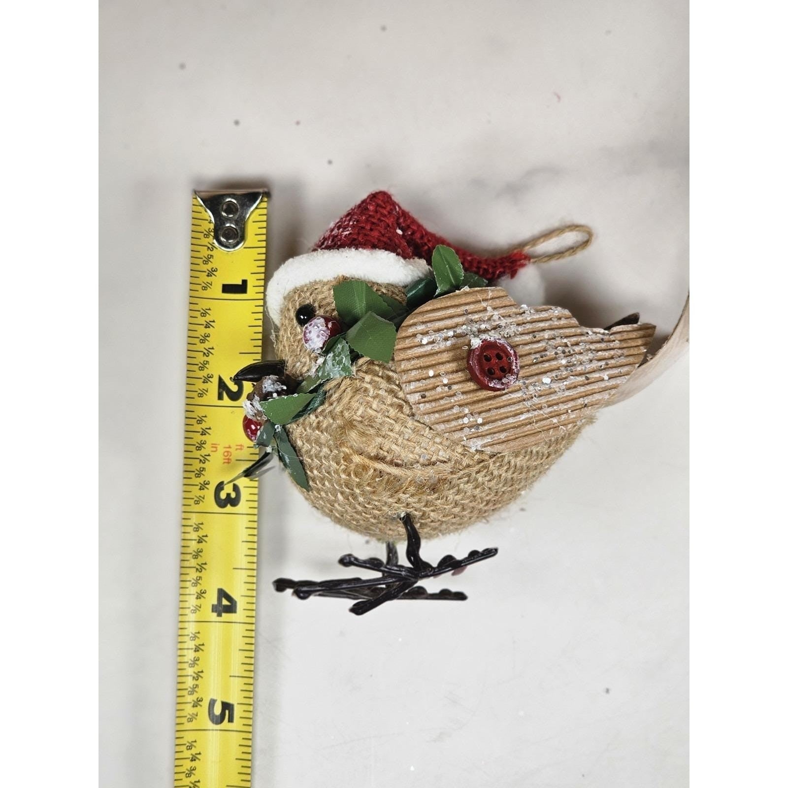 Set of 6 Burlap Bird Ornaments with Santa Hats Rustic Christmas Decor