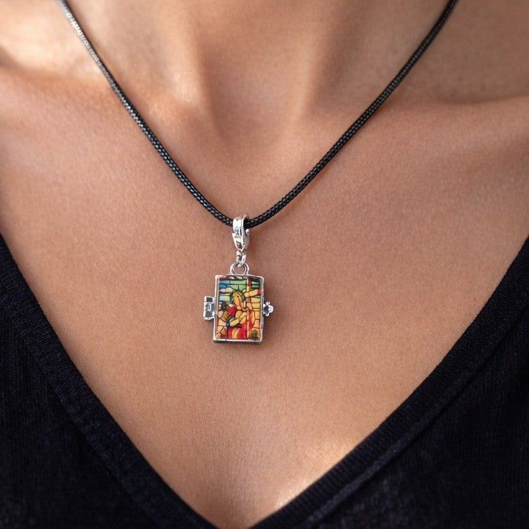 Vintage Stained Glass Locket Necklace Religious Pendant Charm