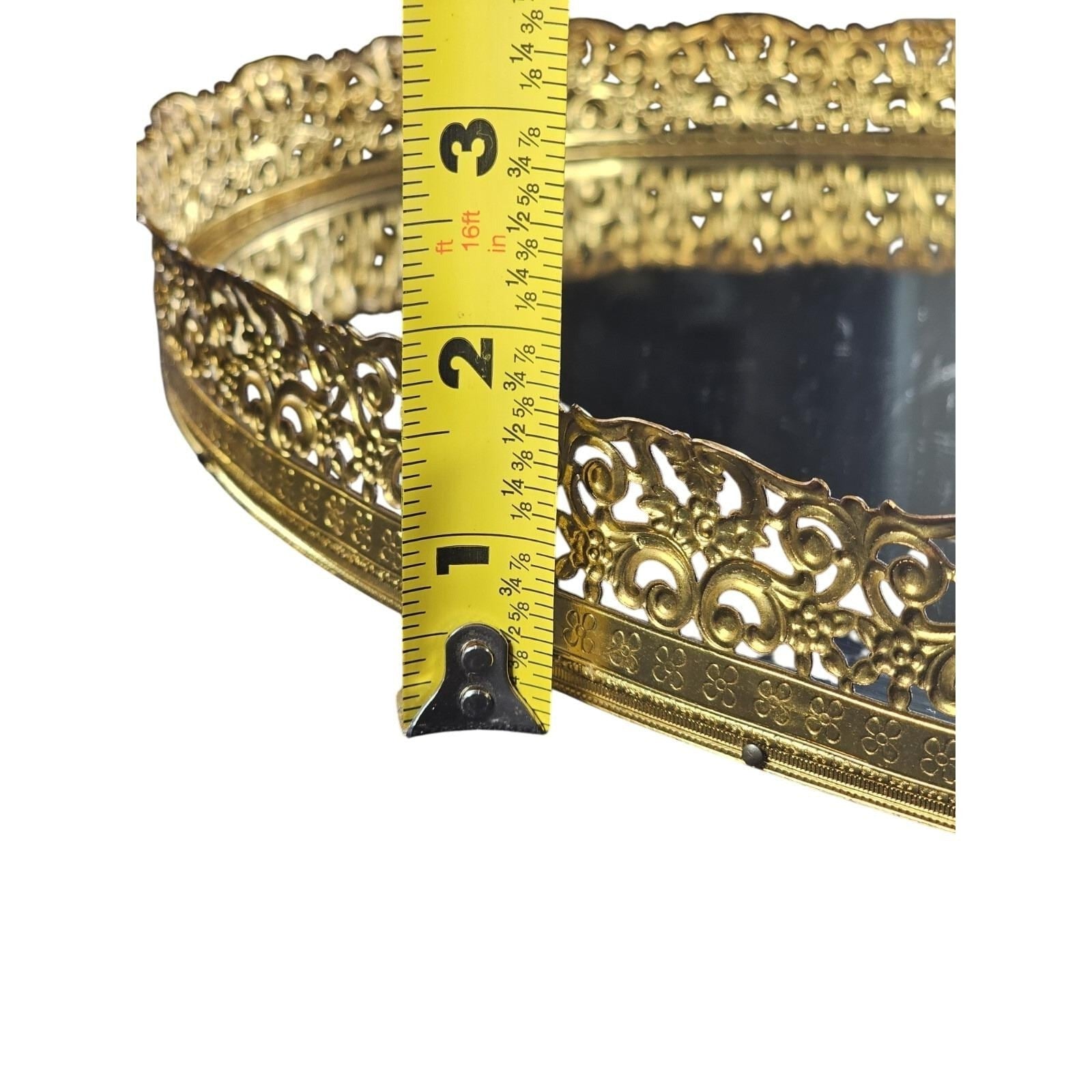 Vintage Gold Filigree Oval Vanity Mirror Tray Decorative Dresser Display