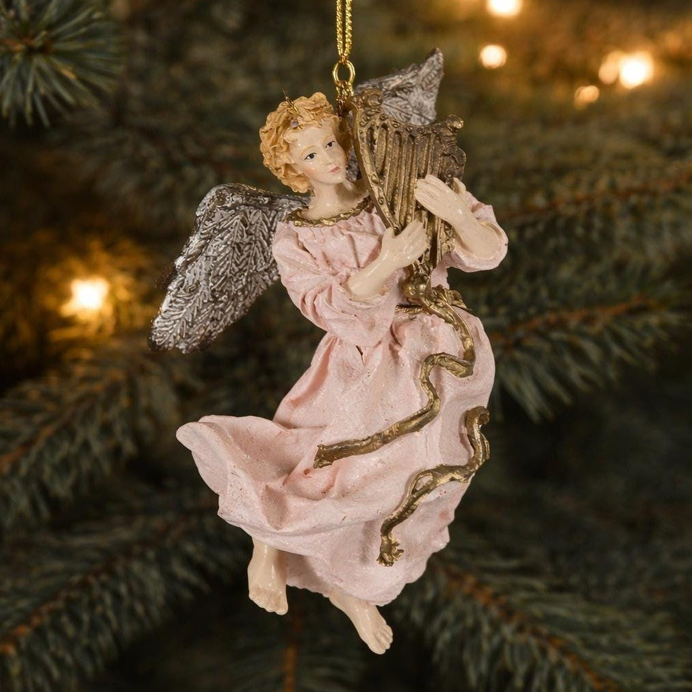 Vintage Angel Ornament Pink Resin Harp 1990s Christmas Decor