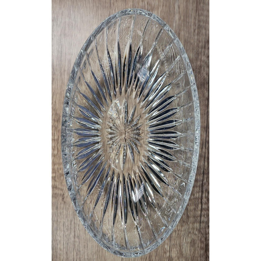 Vintage Cut Crystal Oval Bowl Starburst Pattern Textured Sides