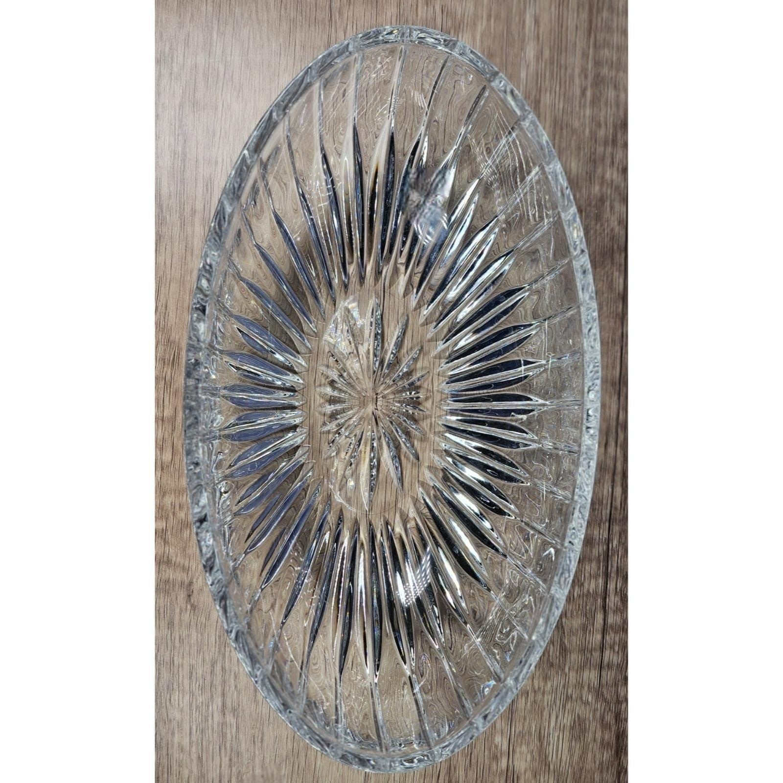 Vintage Cut Crystal Oval Bowl Starburst Pattern Textured Sides