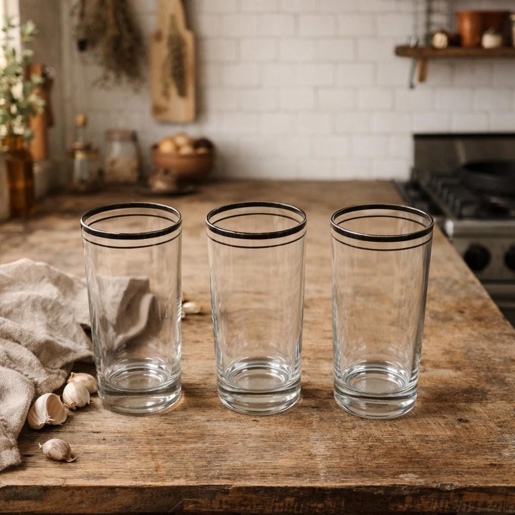 Vintage Mid Century Highball Glasses Set of 3 Silver Rim Barware