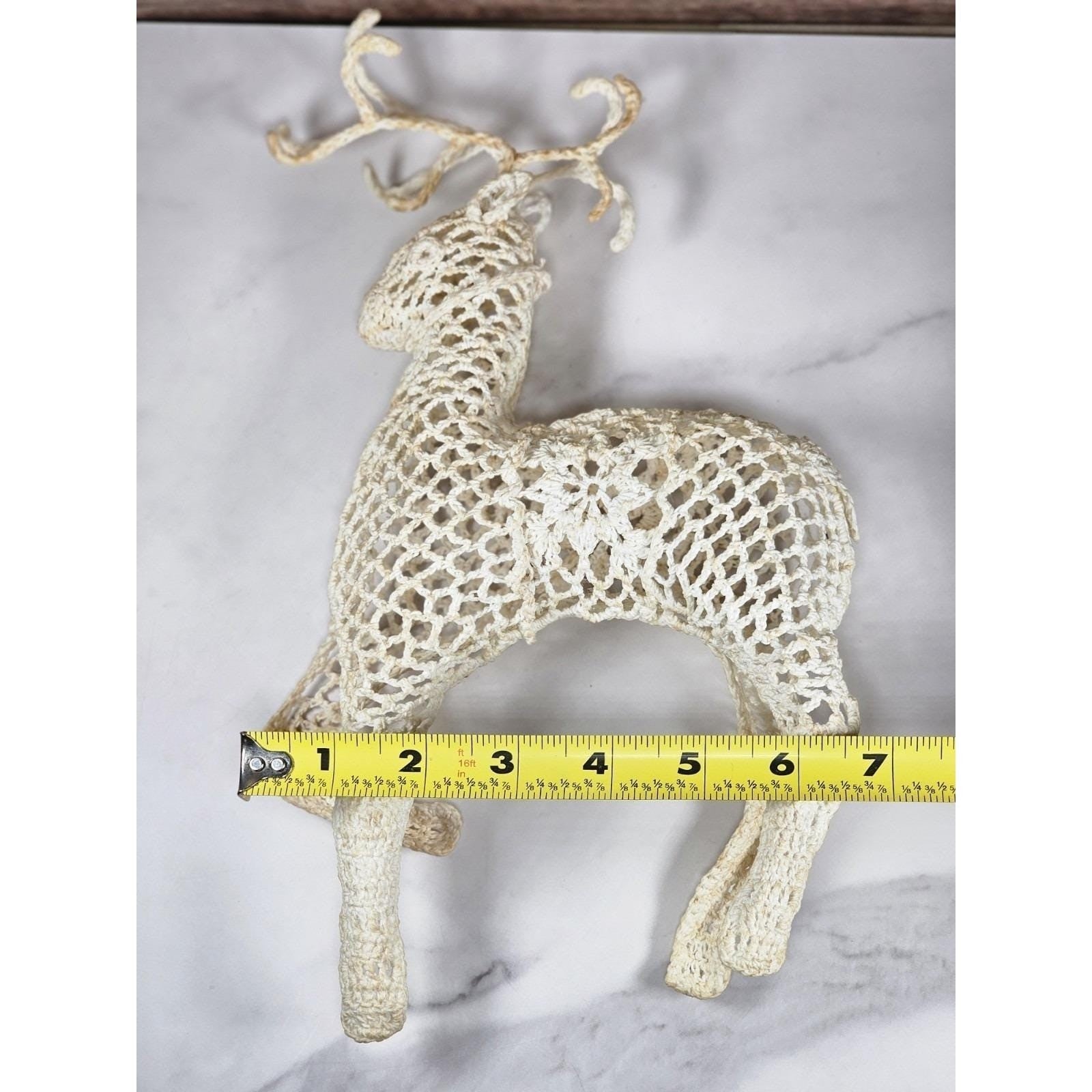 Handmade Crocheted Reindeer Figurine White Vintage 1970s Holiday Decor
