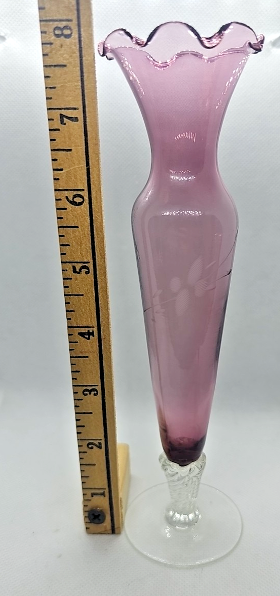 Amethyst Purple Etched Flower Bud Vase • Hand-Blown Glass • Ruffled Edge • 8″