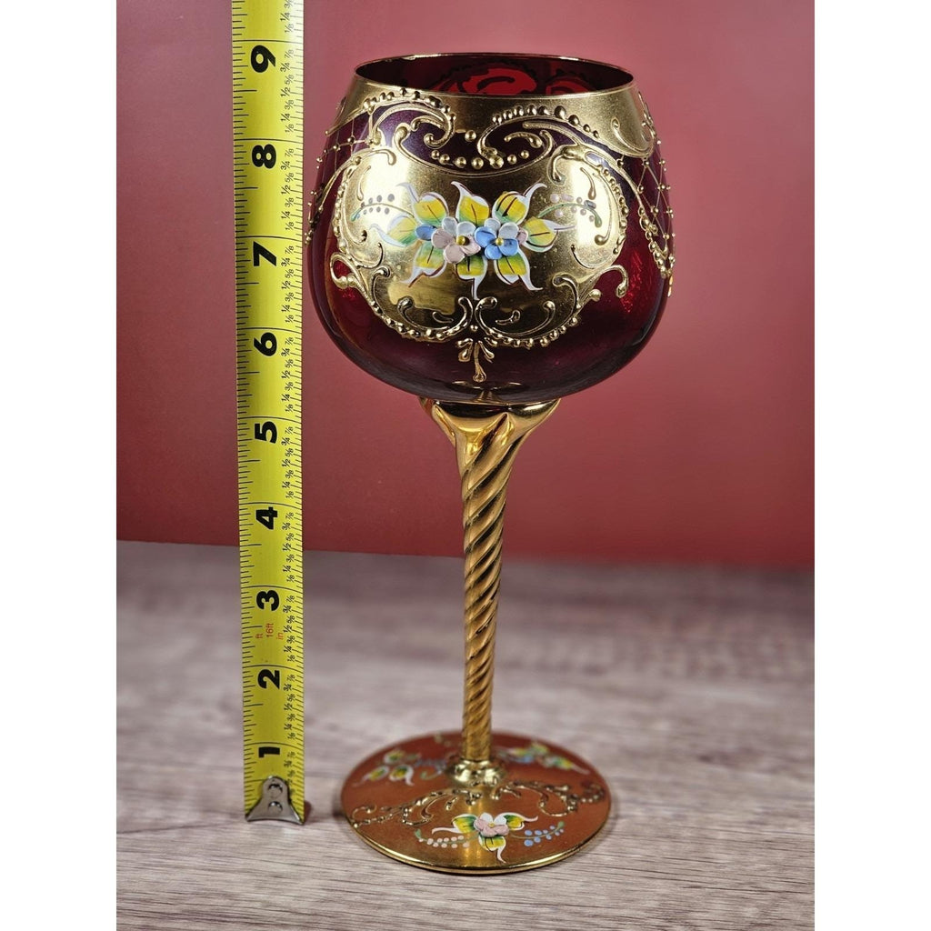 Vintage Gold Enameled Wine Glass Twisted Stem 8.75" Hand Painted