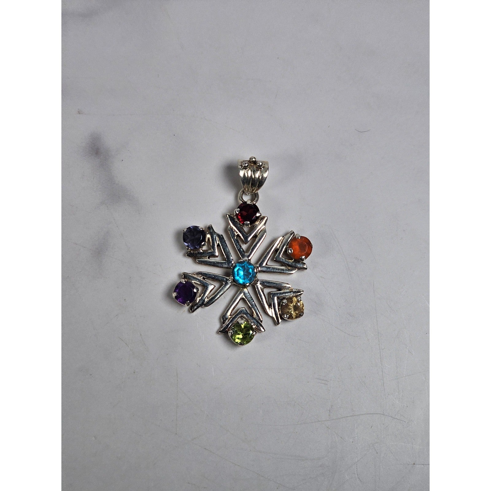Vintage Sterling Silver Multistone Snowflake Pendant | Colorful Gemstone Charm