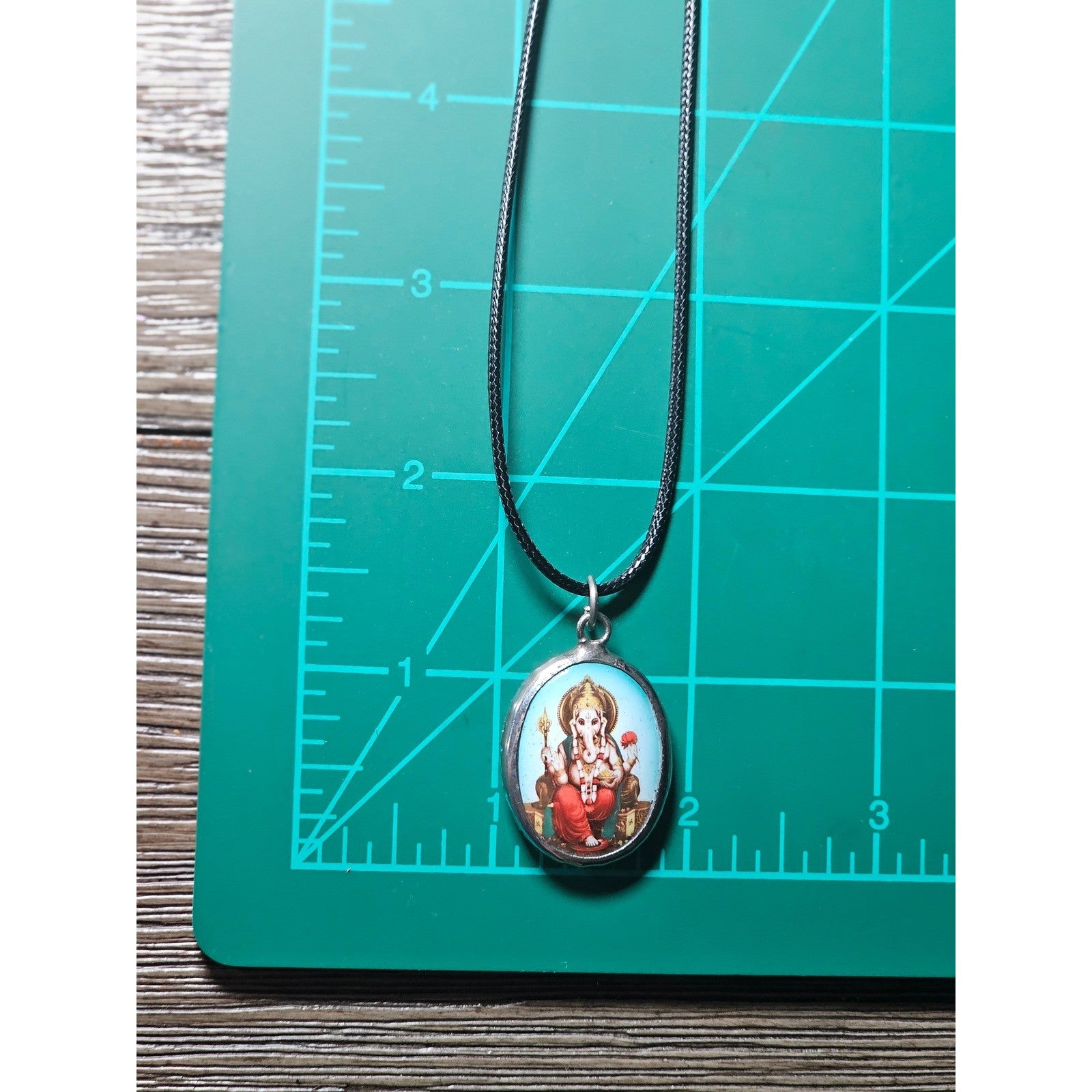 Vintage Ganesha Pendant Necklace Black Cord Hindu Deity Charm