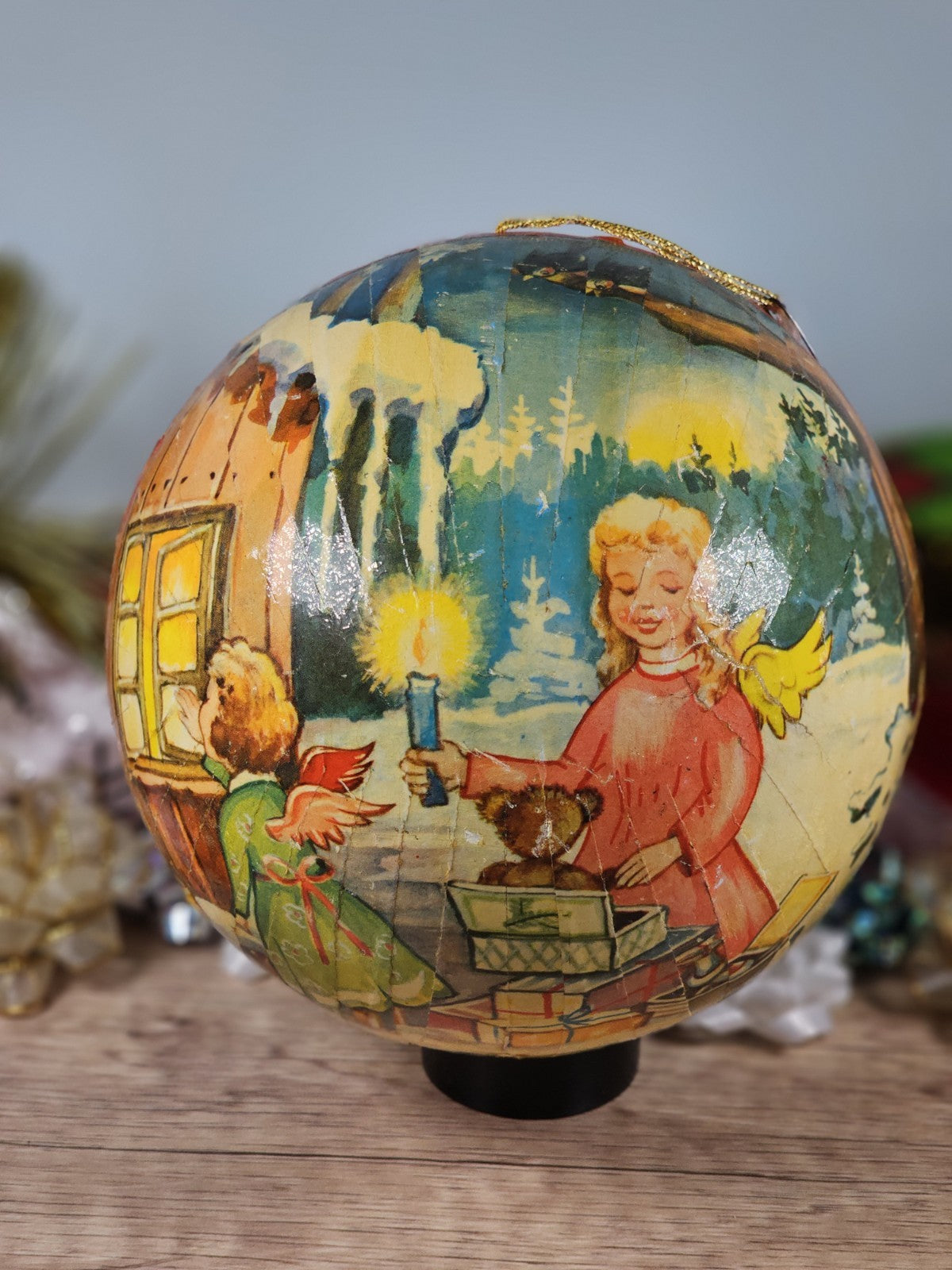 Vintage 1950s German Paper-Mâché Angel Tree Ball Candy Container Christmas