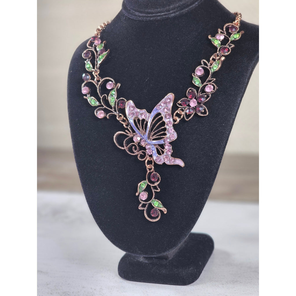 Vintage Butterfly Necklace Earring Set Purple Green Floral Gold Tone