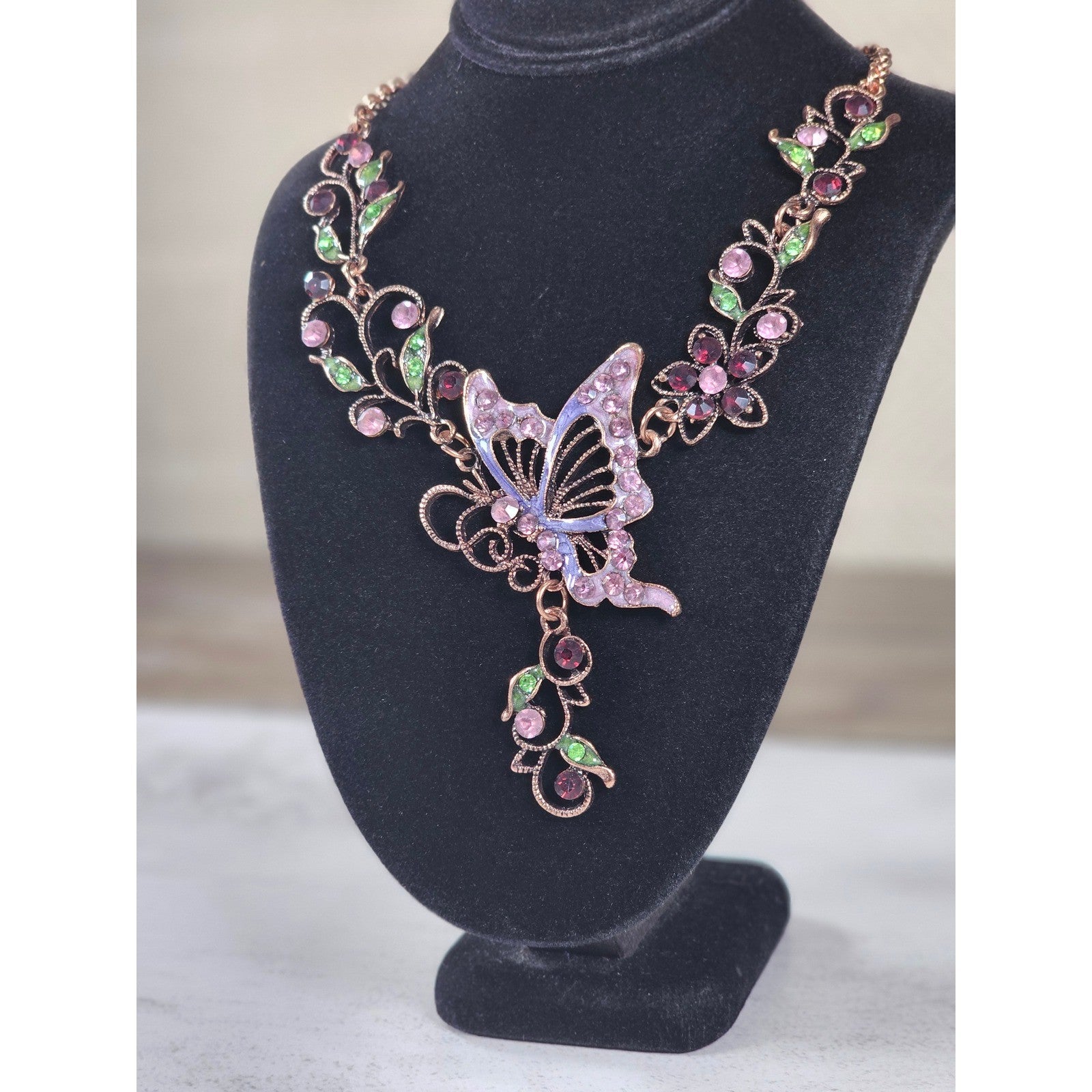 Vintage Butterfly Necklace Earring Set Purple Green Floral Gold Tone