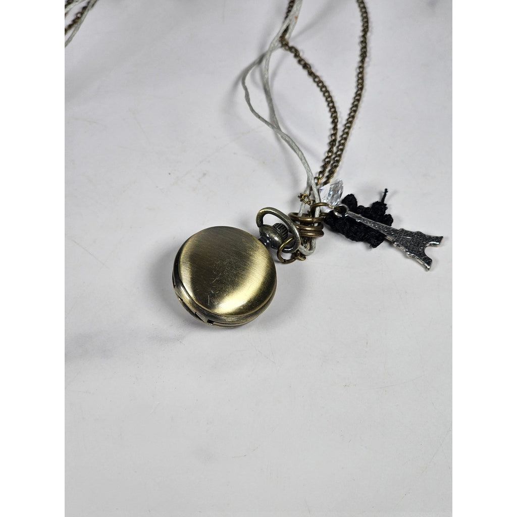 Vintage Long Necklace Pocket Watch Locket Pendant Eiffel Tower Charm