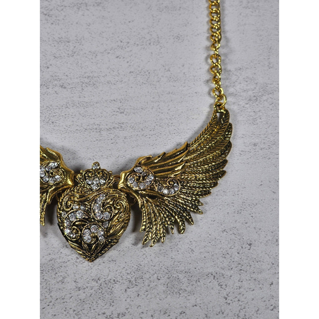 Vintage Gold Tone Winged Heart Rhinestone Statement Necklace
