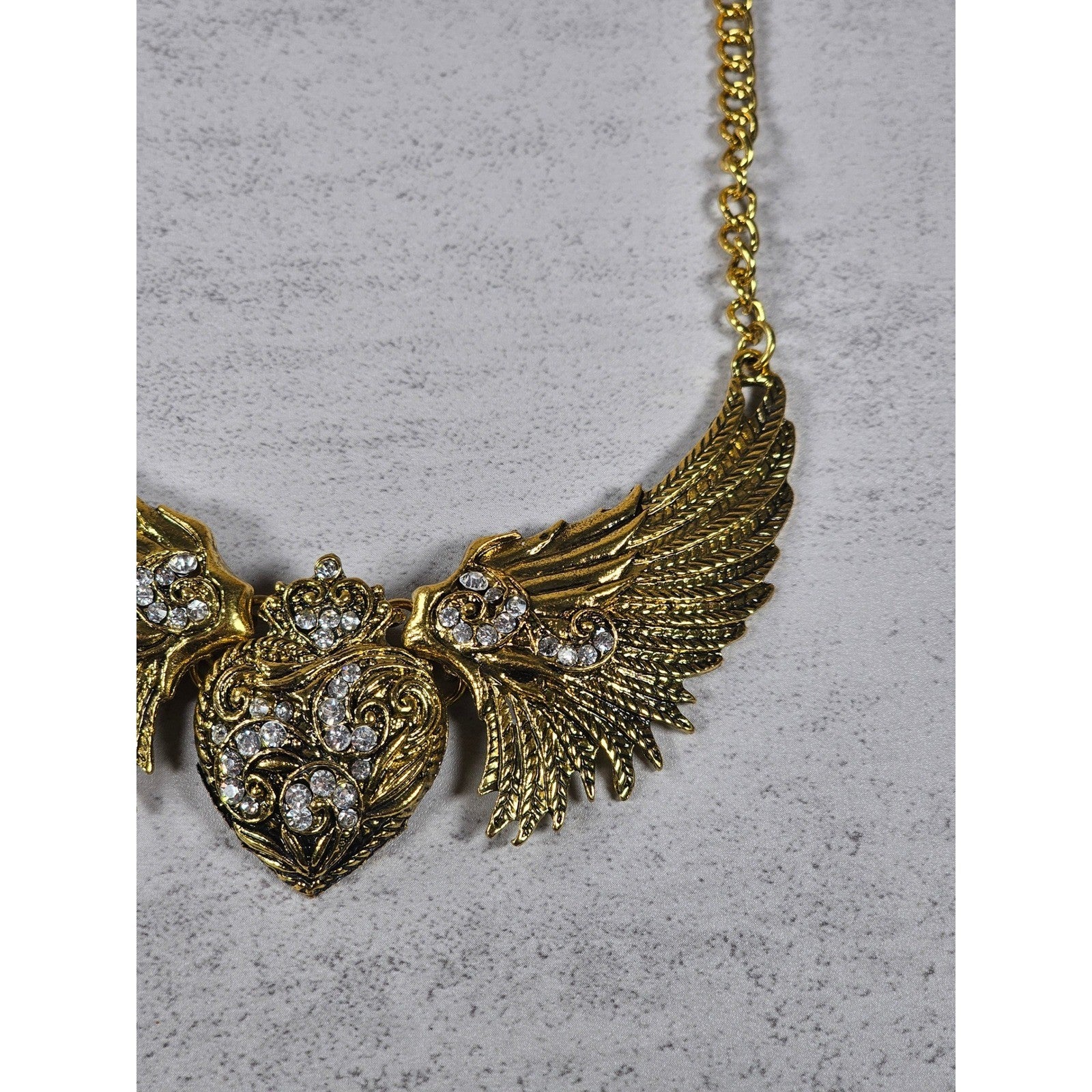 Vintage Gold Tone Winged Heart Rhinestone Statement Necklace