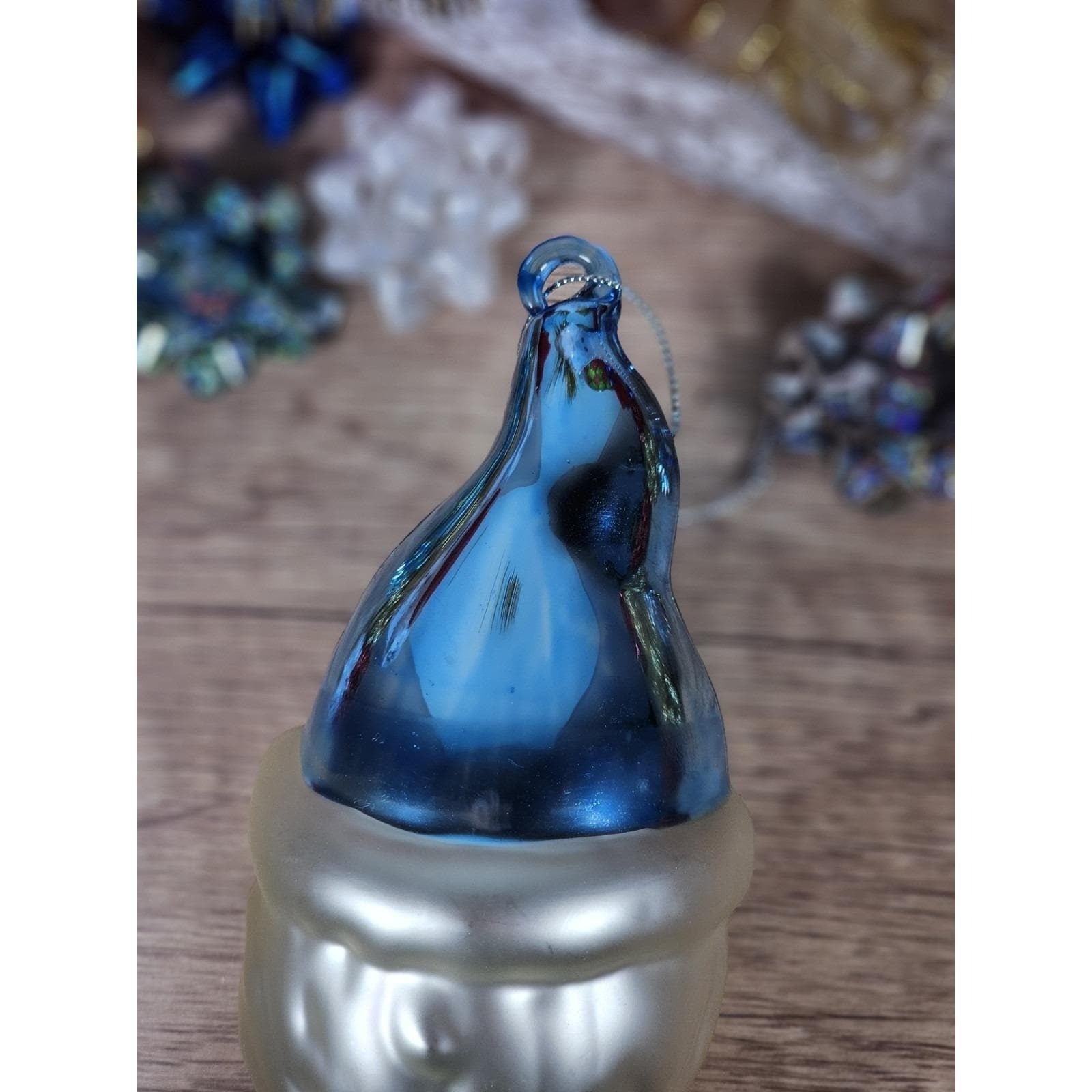 Vintage Glass Santa Ornament Blue Hat 1970s Handblown 7 Inch