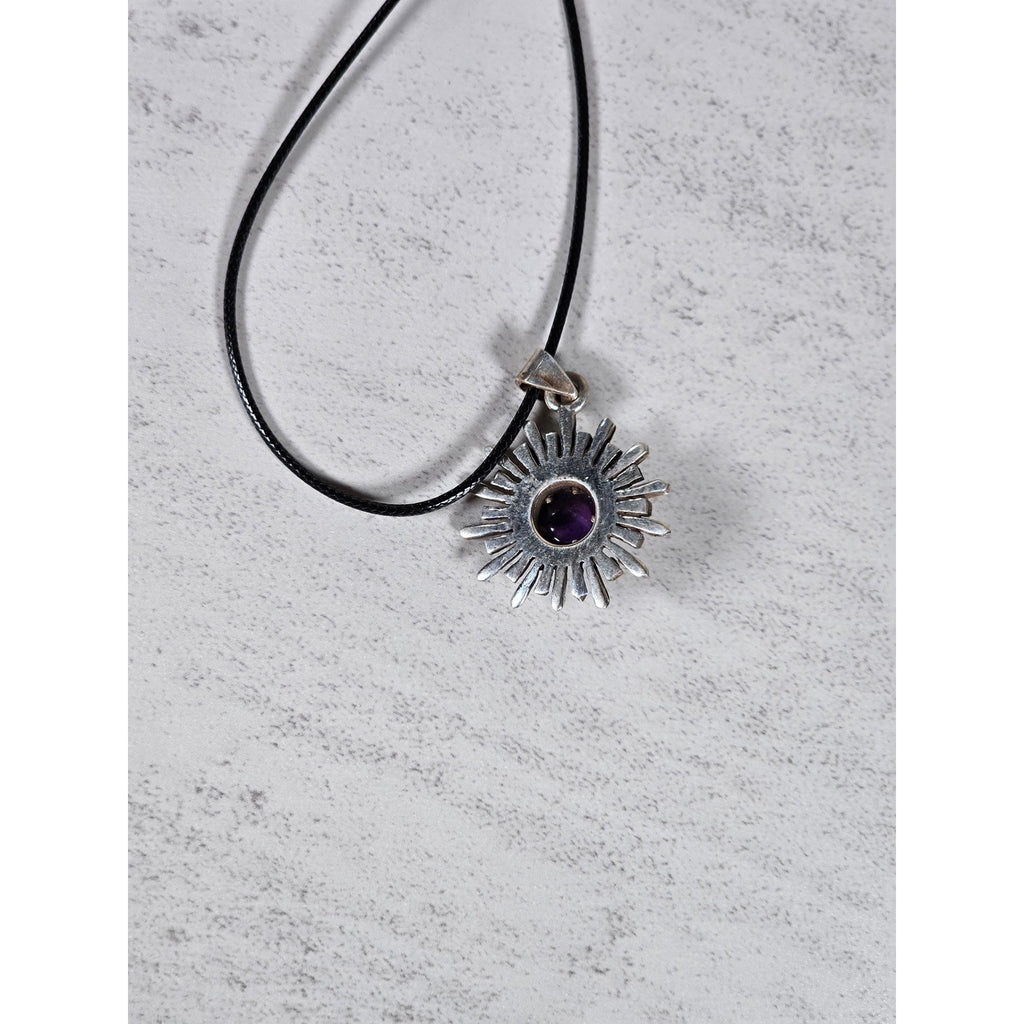 Vintage Sterling Silver Sunburst Amethyst Pendant Necklace