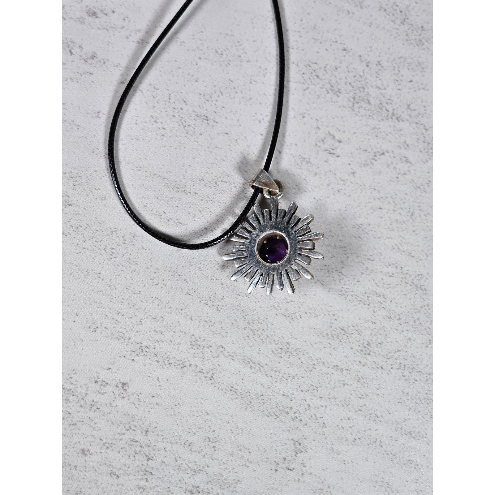Vintage Sterling Silver Sunburst Amethyst Pendant Necklace
