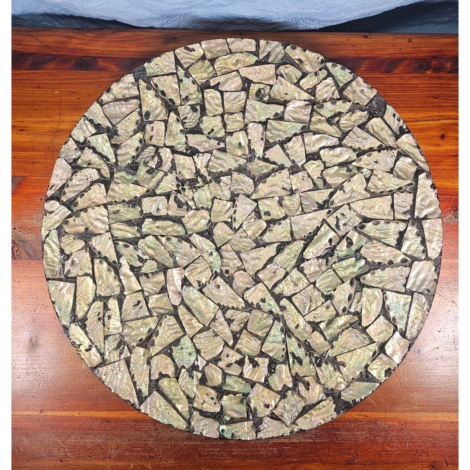 Vintage Abalone Shell Mosaic Tray or Wall Decor Round 18 Inch Coastal