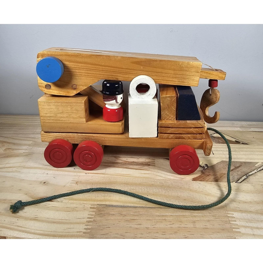 Vintage Wooden Crane Truck Pull Toy Mid Century Construction Toy