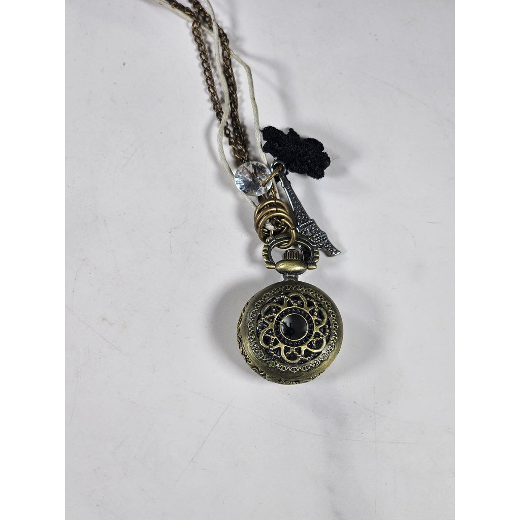 Vintage Pocket Watch Necklace Eiffel Tower Charm Long Chain