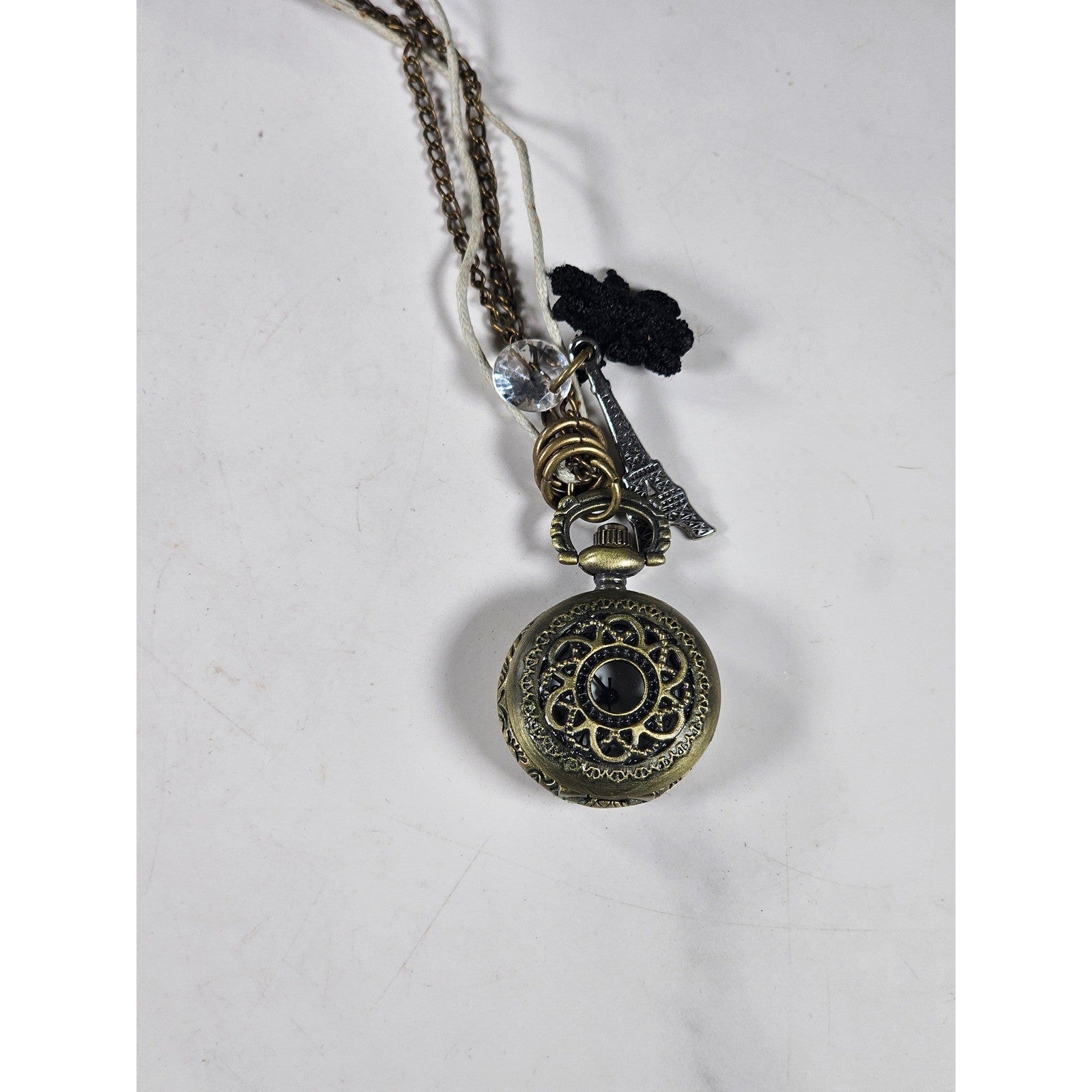 Vintage Pocket Watch Necklace Eiffel Tower Charm Long Chain