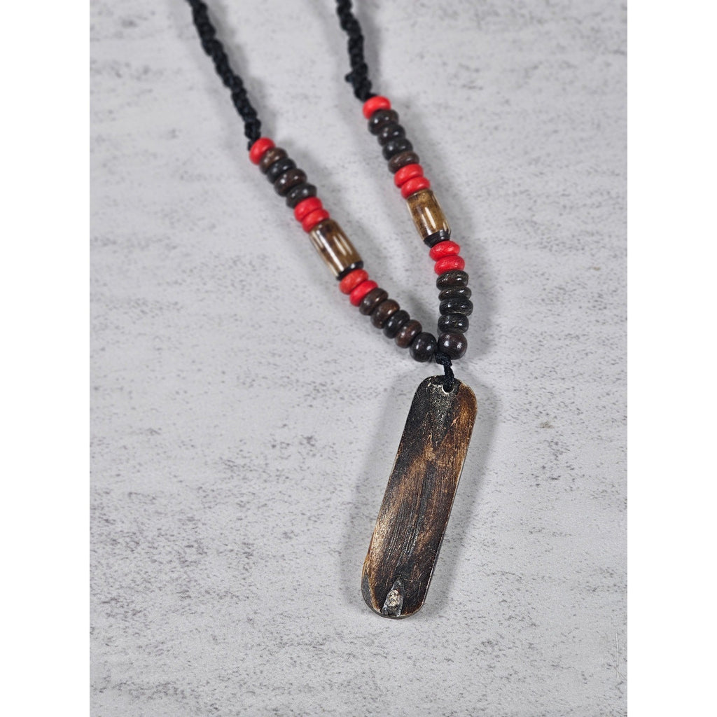 Vintage Tribal Script Pendant Necklace Wood & Red Beads