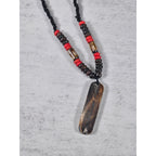 Vintage Tribal Script Pendant Necklace Wood & Red Beads