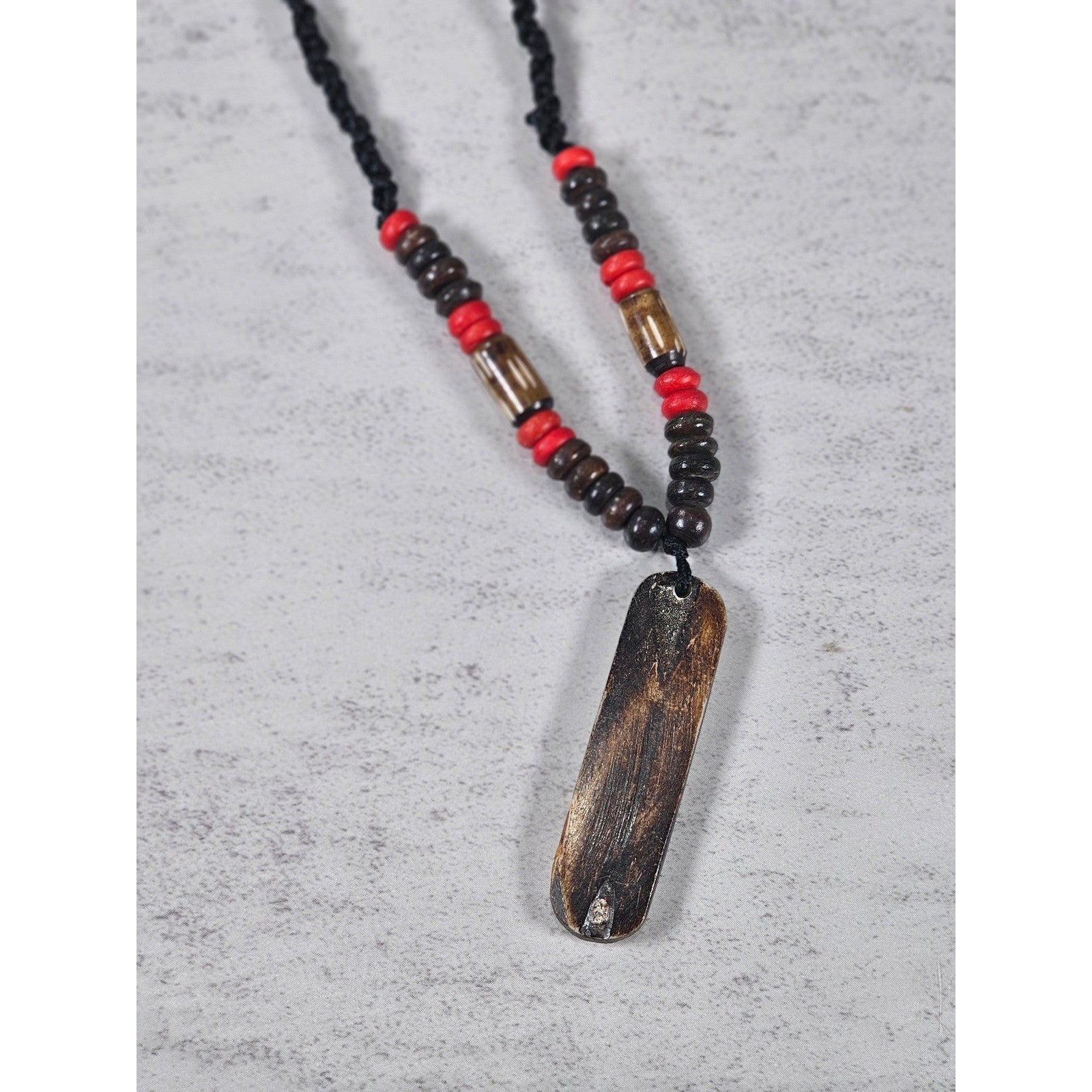 Vintage Tribal Script Pendant Necklace Wood & Red Beads
