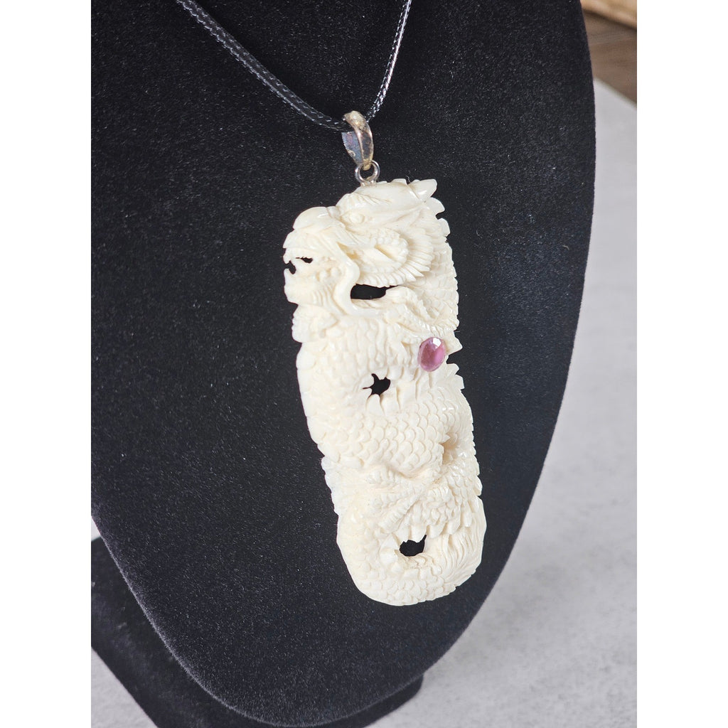 Vintage Carved Dragon Pendant Necklace With Pink Stone
