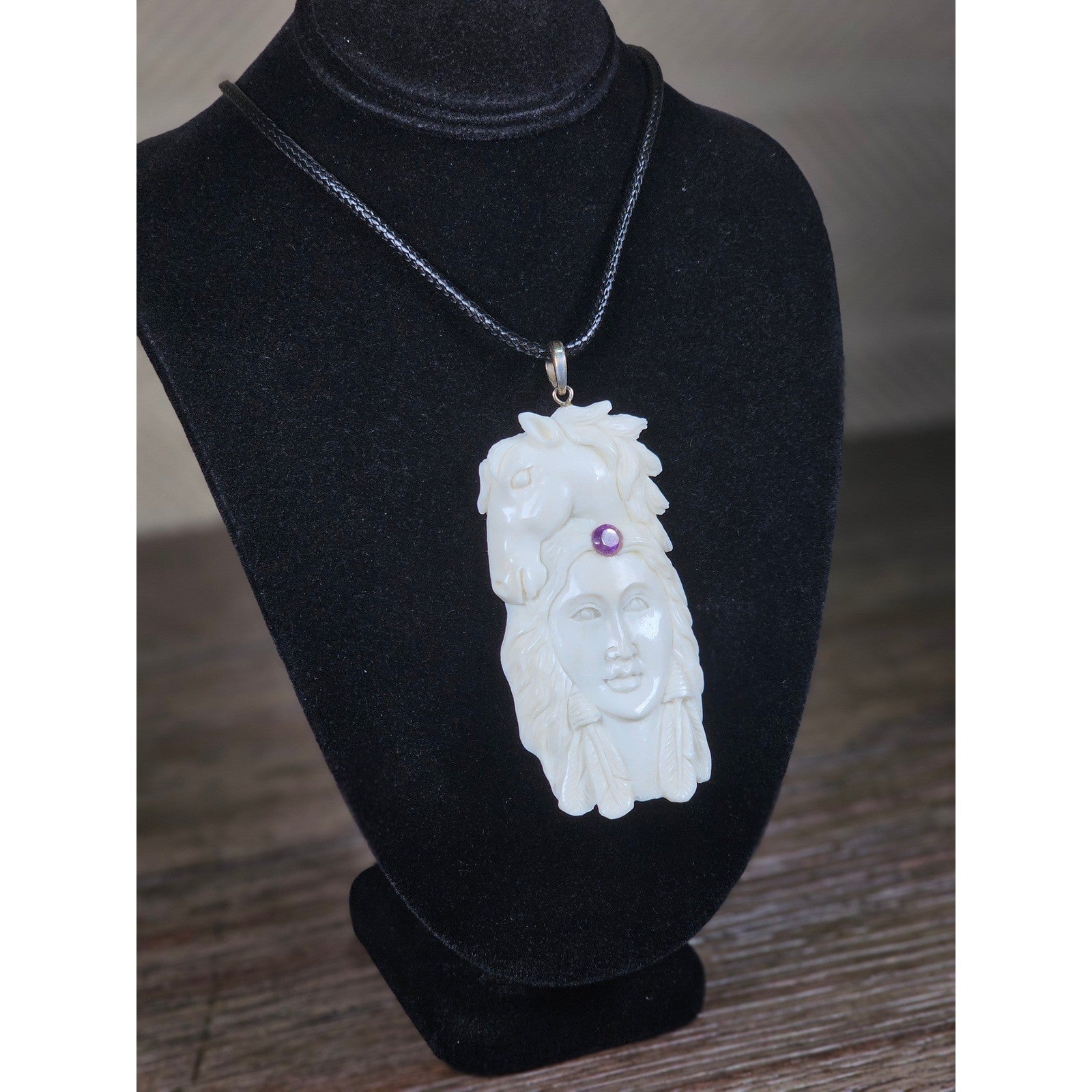 Carved Buffalo Bone Pendant Woman & Horse Motif 3x1 Inch Statement Necklace