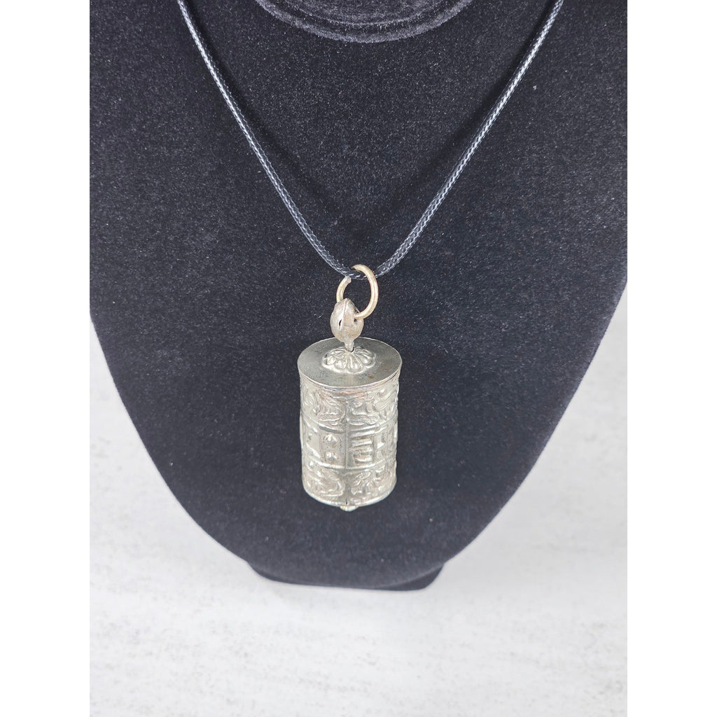 Vintage Asian Prayer Wheel Pendant Necklace Cylinder Scroll Charm