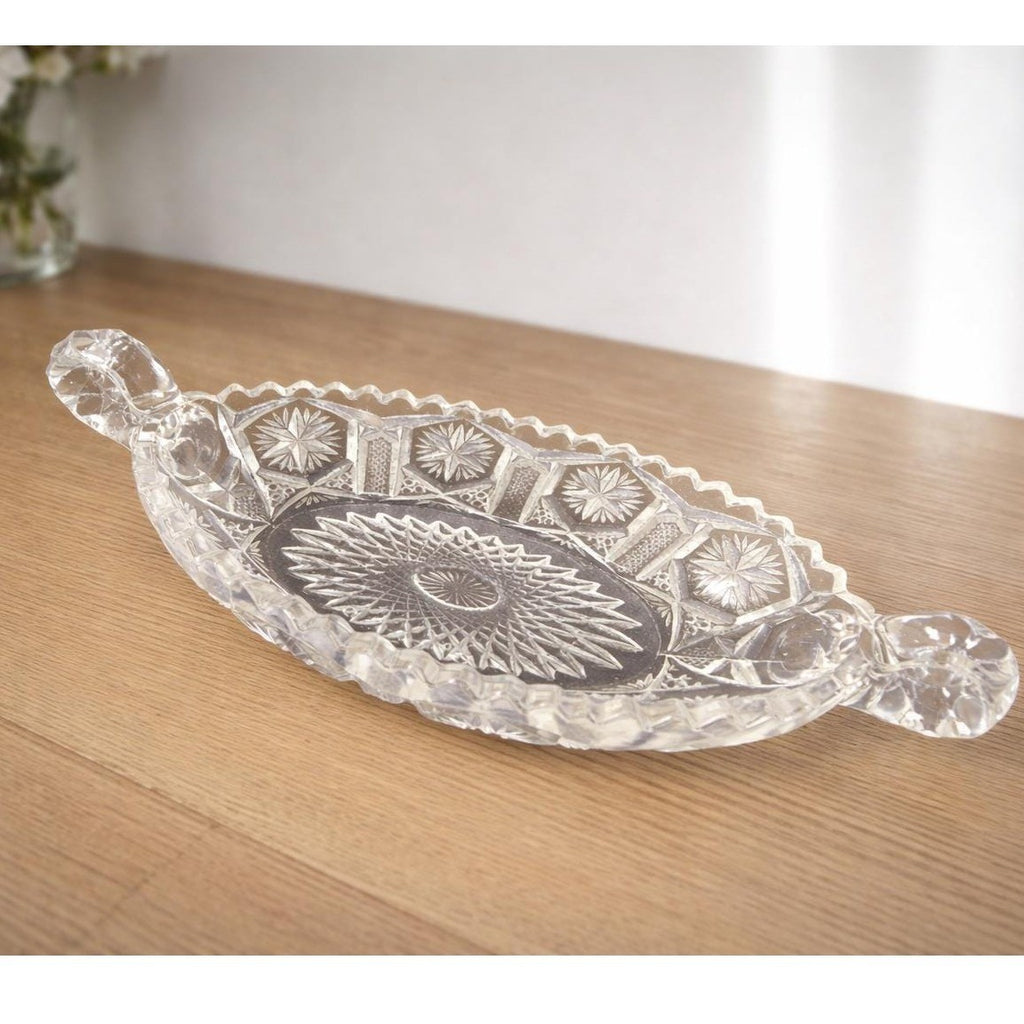 Cut Glass Candy Dish Starburst Pattern Handled Vintage