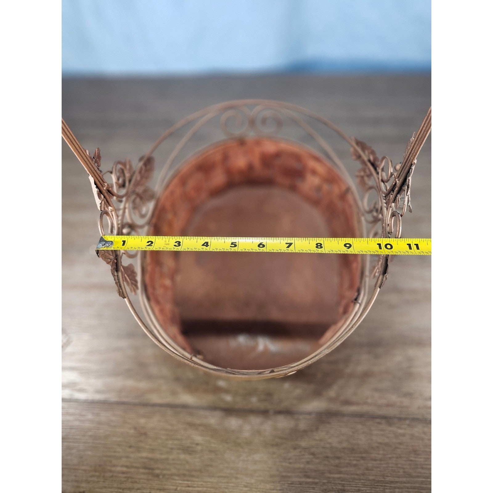 Vintage Woven Basket with Metal Leaf Handle Rustic Farmhouse Decor