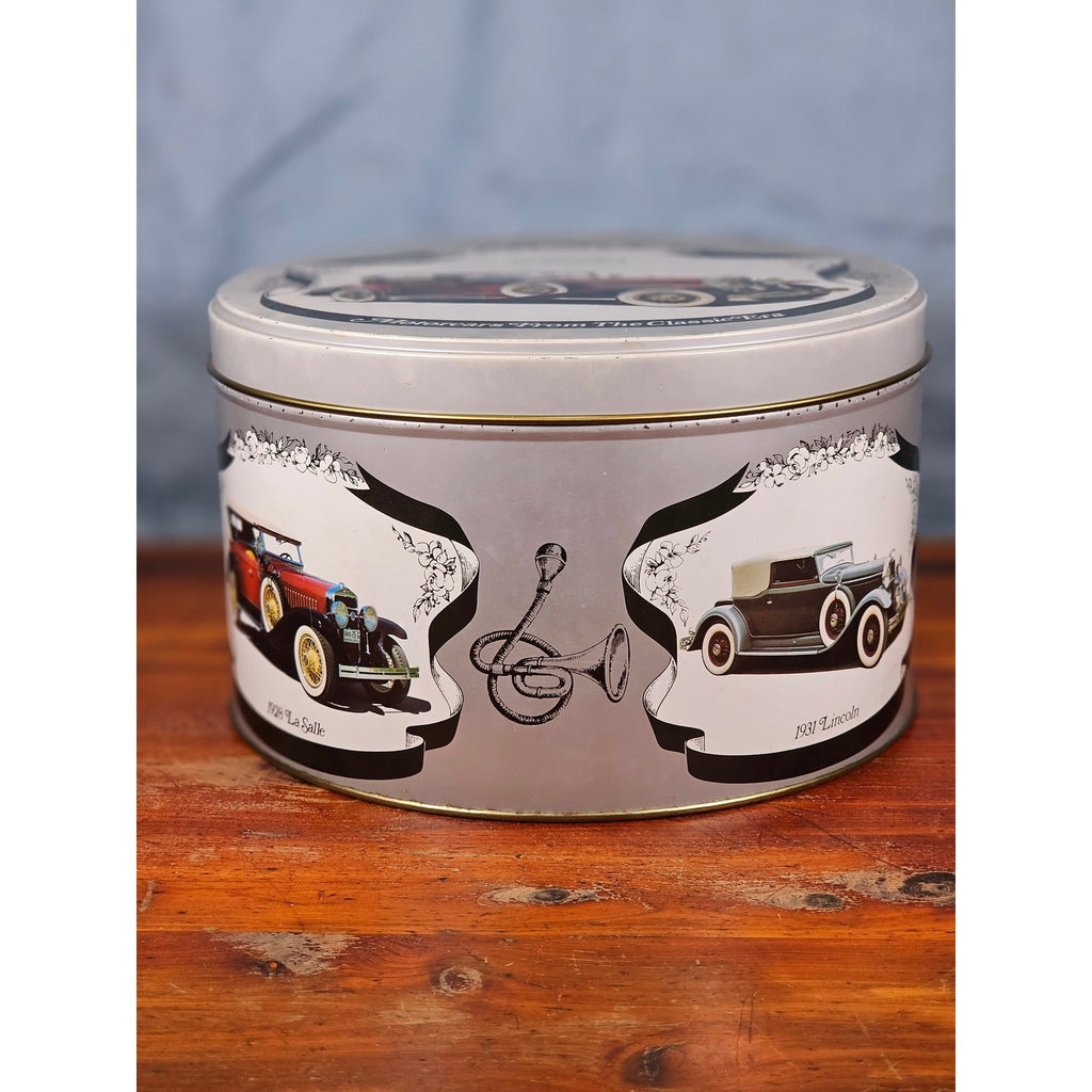 Vintage Classic Car Cookie Tin Empty Round Metal Motorcars from the Classic Era