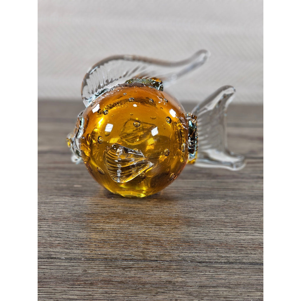 Vintage Amber Art Glass Fish Figurine 5" Hand Blown Bubble Glass