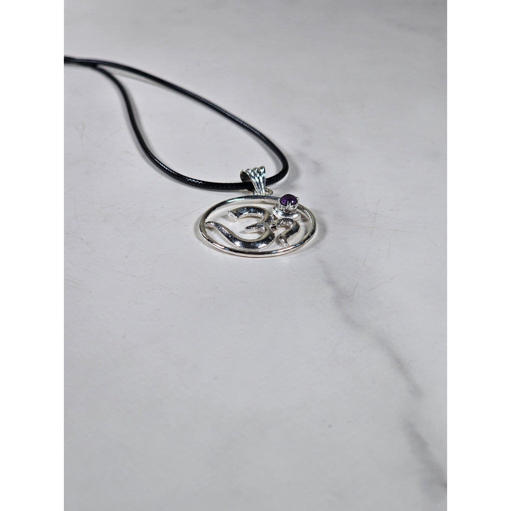 Vintage Sterling Silver Om Pendant with Purple Stone Necklace