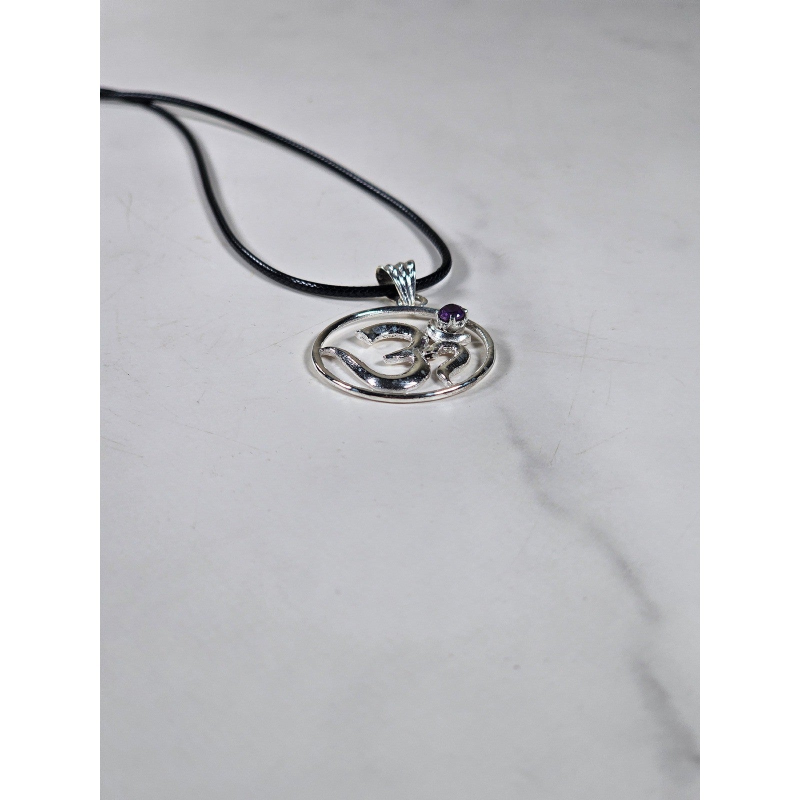 Vintage Sterling Silver Om Pendant with Purple Stone Necklace