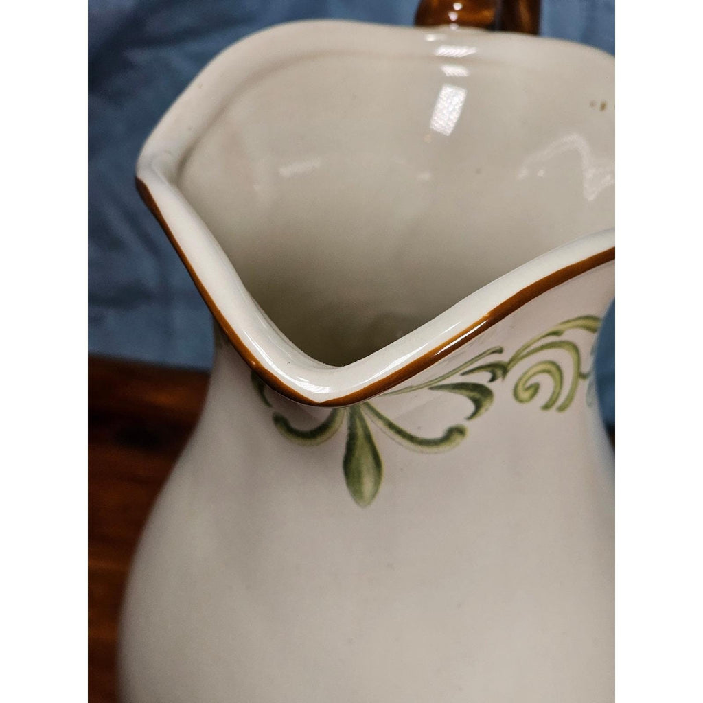 Vintage Ceramic Pitcher Cream Floral Green Brown Handle Holiday Petaluma