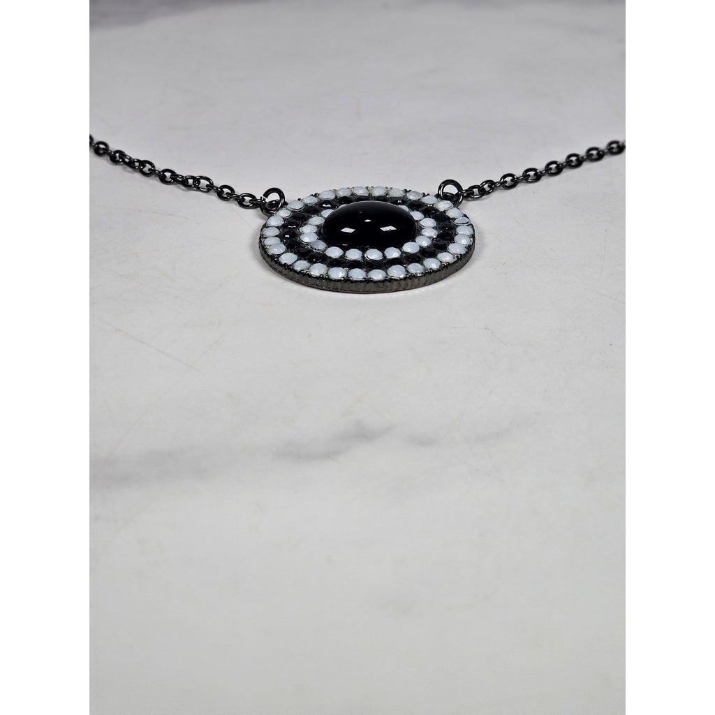 Vintage Black Oval Pendant Necklace with Rhinestone Halo on Gunmetal Chain