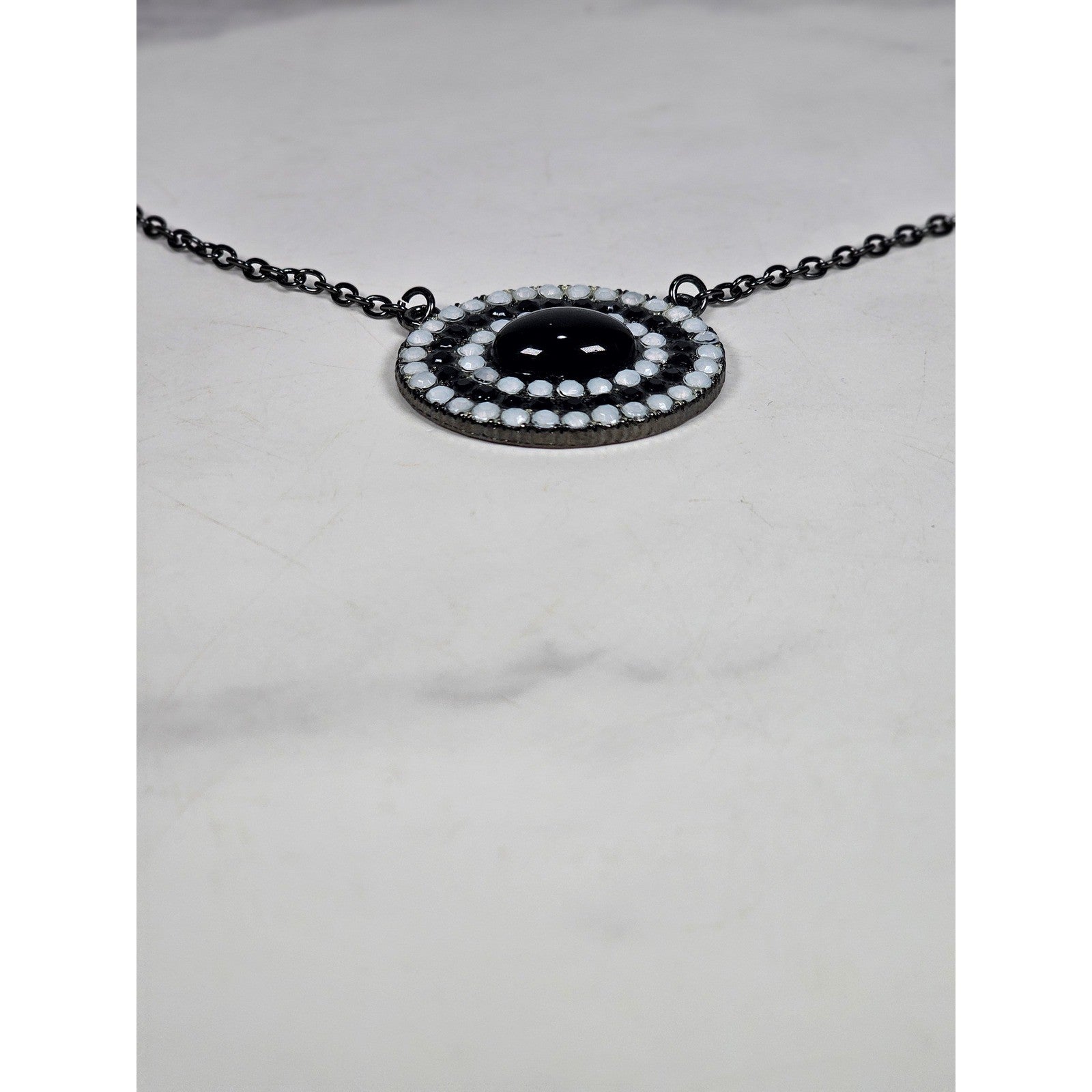Vintage Black Oval Pendant Necklace with Rhinestone Halo on Gunmetal Chain