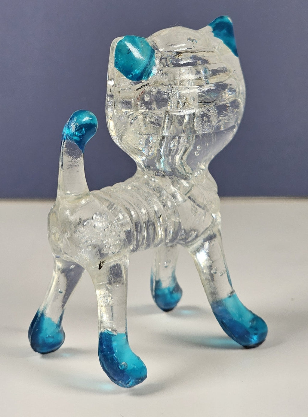 Vintage Collectible Clear Plastic Lucite Kitty Cat Figurine 1960s With Blue Acce
