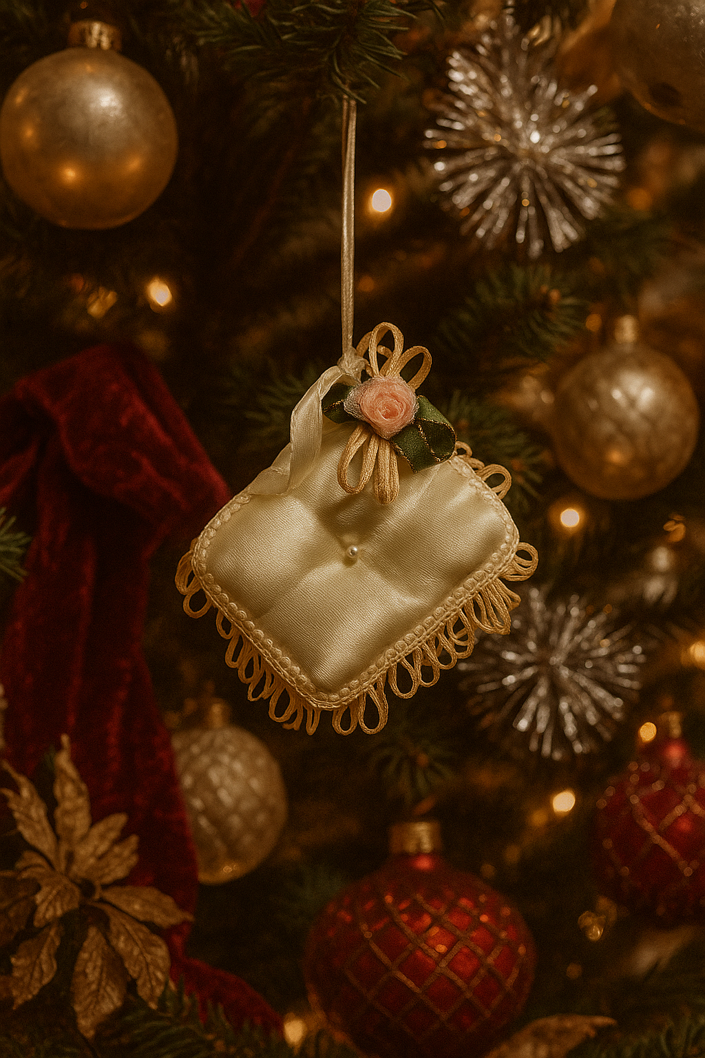 Vintage White Satin Victorian Miniature Stool Ornament 1" x3"