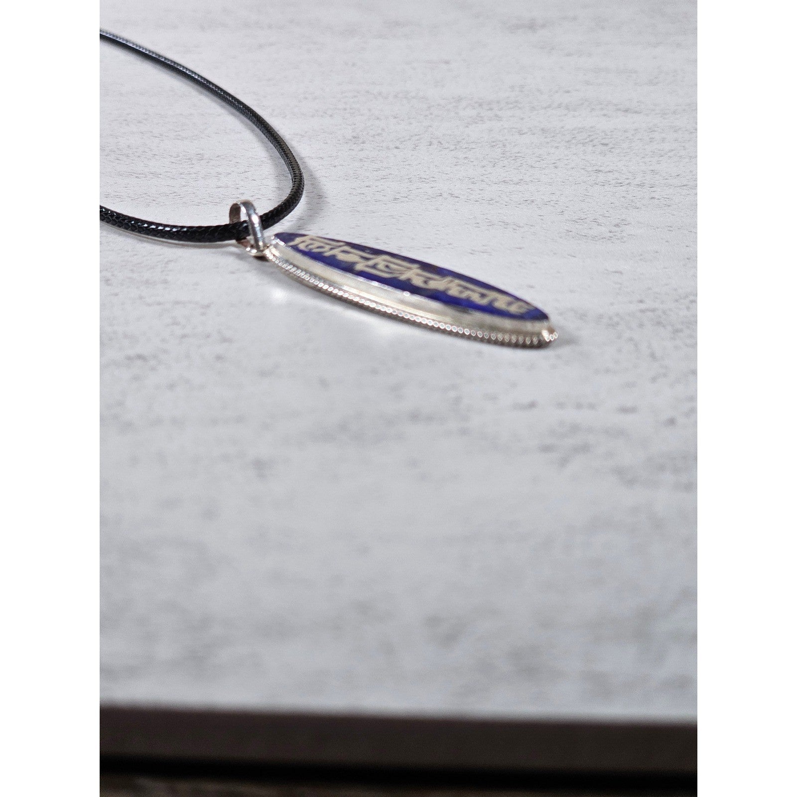Vintage Sterling Silver Blue Enamel Script Pendant Necklace