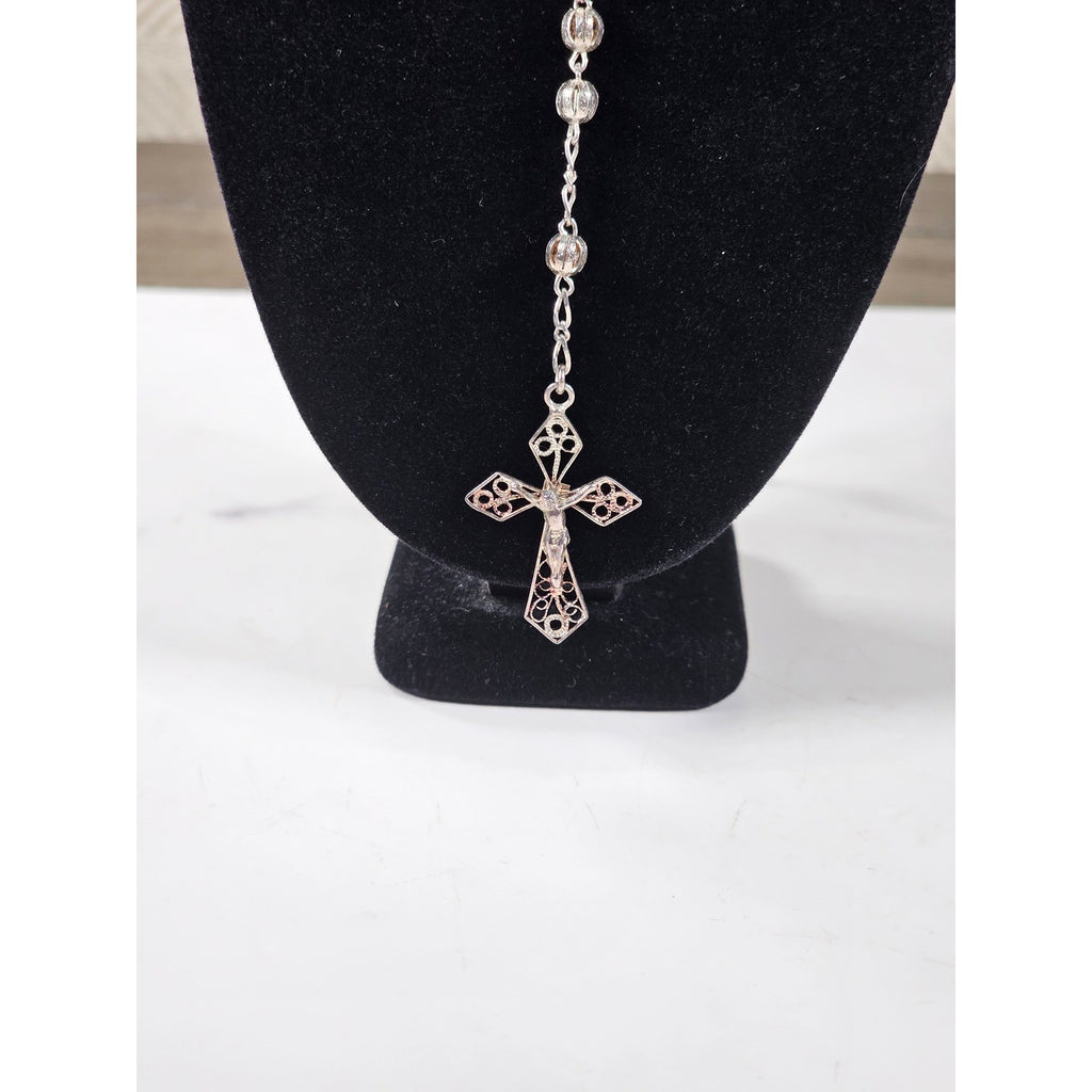 Vintage Silver Tone Rosary Necklace with Filigree Cross Pendant