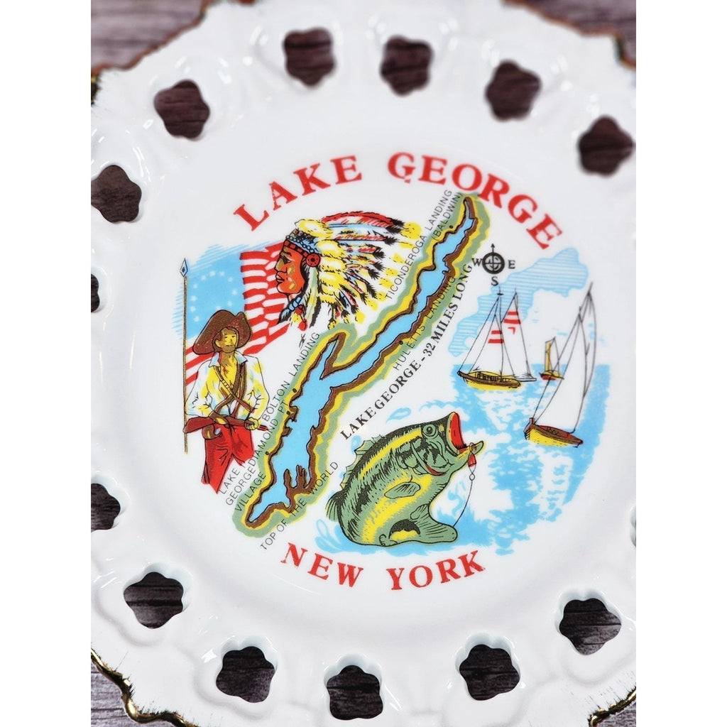 Vintage Lake George New York Souvenir Plate Gold Trim Pierced Rim 7 Inch