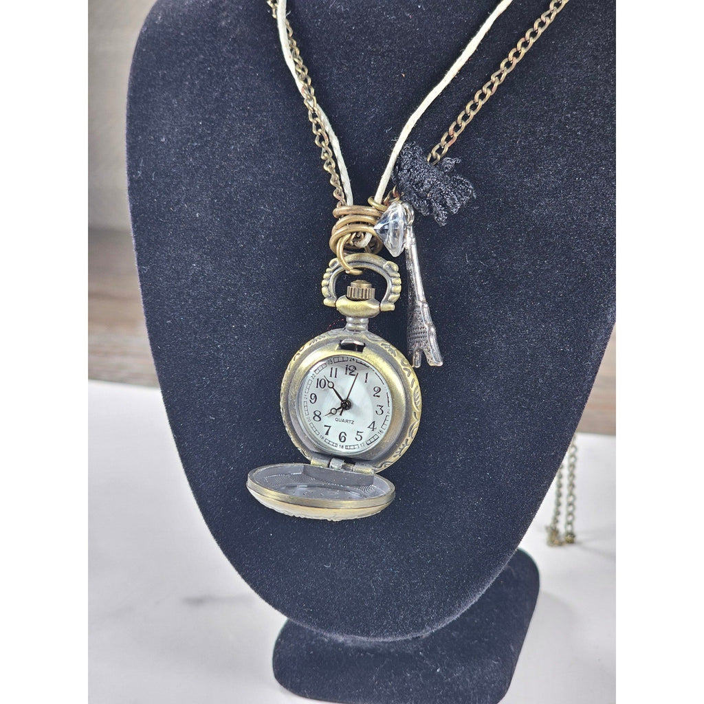Vintage Pocket Watch Necklace Eiffel Tower Charm Long Chain